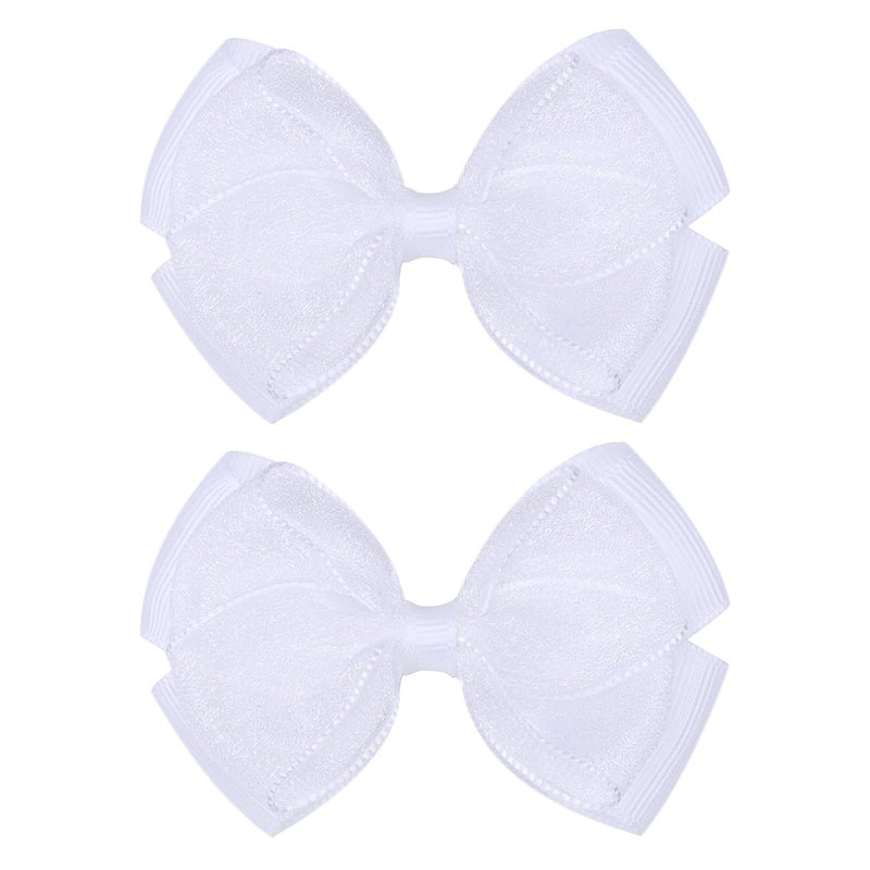 Zolyco Tiny 3 Inch Organza Double Hair Bow Clips - Lined Boutique Alligator Hairpin for Baby Girls, Toddlers, and Little Teens - Kids Barrettes Set of 2 Small Stylish (White) - Image 1
